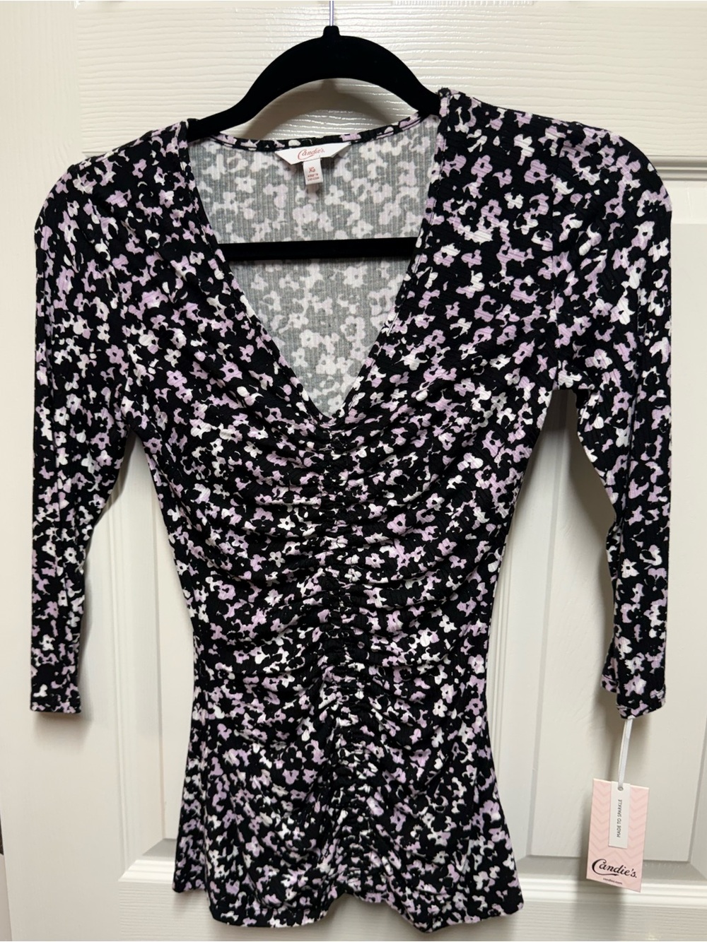Candie’s Y2K Floral Ruched Bodycon Top XS NWT Black Pink
